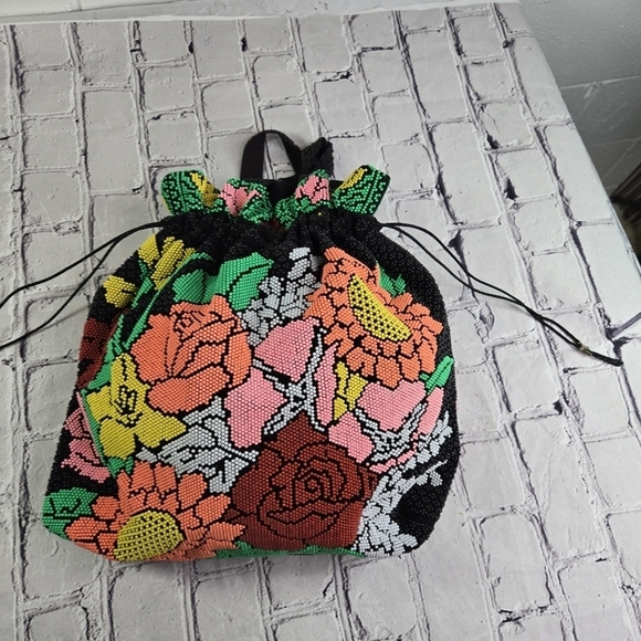 Vtg  60s neon plastic beaded floral drawstring hippie ethnic boho festival purse - Picture 9 of 10